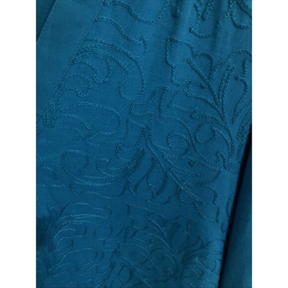ali miles Top Blouse XL Blue Tunic Linen Blend Raised Paisley Print Roll Tab - Picture 3 of 6